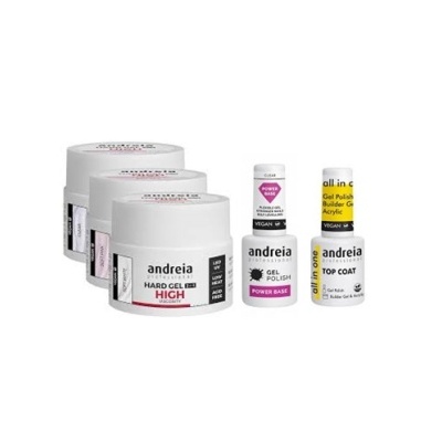 Produtos de gel e esmalte para unhas da marca Andreia