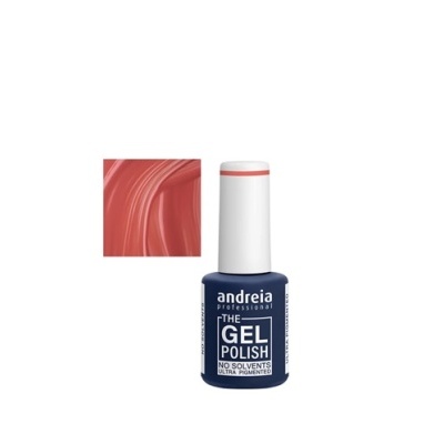 Esmalte gel Andreia profissional na cor vermelha rosada com rótulo azul e branco.