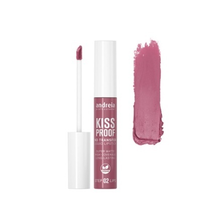Batom líquido mate Andreia Kiss Proof 02 Lips com aplicador e amostra da cor