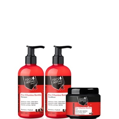Conjunto de shampoo, condicionador e creme capilar Real Natura Pro-Vitamina Bomba em embalagens vermelhas e pretas