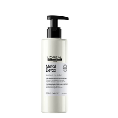 Frasco branco de shampoo profissional Metal Detox da L'Oréal com doseador preto