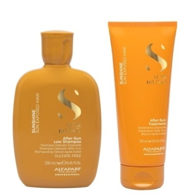 Produtos Sun Beyond Hair Alfaparf Professional em embalagens laranjas, shampoo e tratamento After-Sun.
