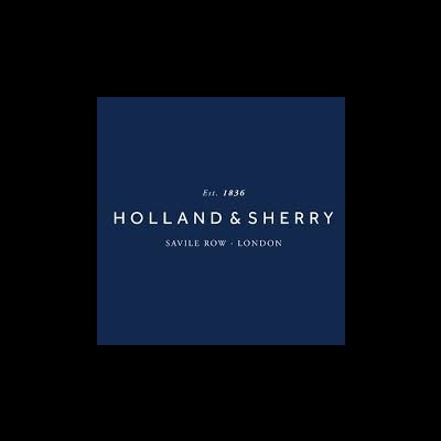Logotipo branco de Holland & Sherry sobre fundo azul escuro