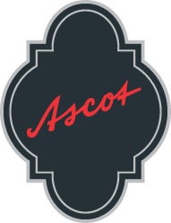 Etiqueta preta decorativa com texto vermelho Asco4