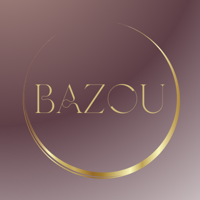 Logotipo dourado com a palavra BAZOU em fundo roxo degradé