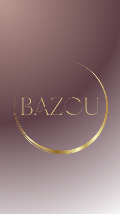 Logotipo dourado com a palavra BAZOU em fundo roxo degradé