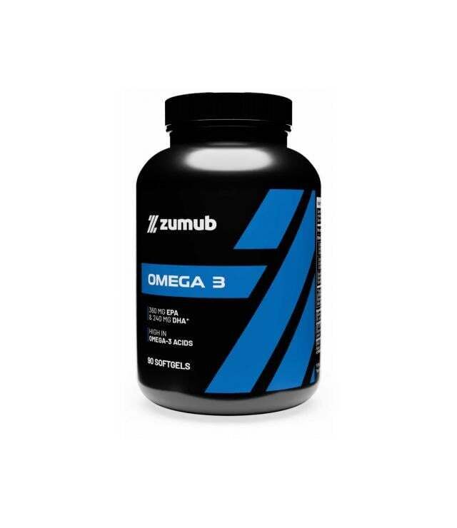 Omega 3 Frasco preto de suplemento Zumub Omega 3 com rótulo azul e texto informativo