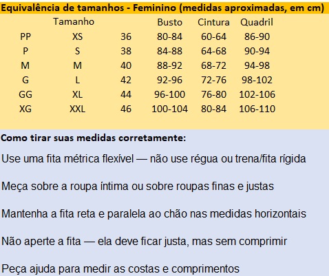 Equival&ecirc;ncia de medidas - Feminino