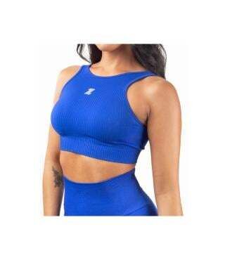 Top desportivo azul com logótipo branco no peito