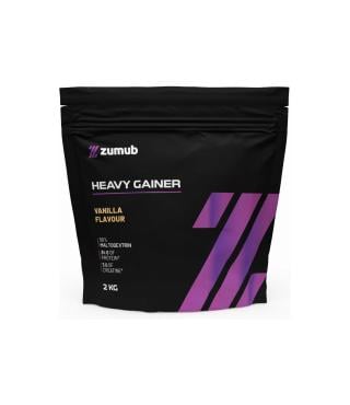 Heavy Gainer Embalagem preta de suplemento Heavy Gainer sabor baunilha com texto e detalhes roxos