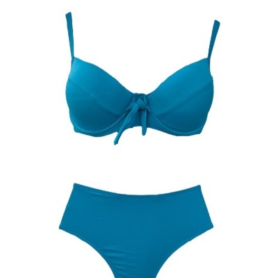 Conjunto de bikini azul com soutien e cueca.
