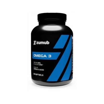 Frasco preto de suplemento Zumub Omega 3 com rótulo azul e texto informativo