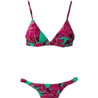 Biquini folhas roxo rosa verde sobre fundo branco