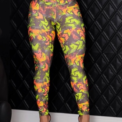Leggings femininas com padrão geométrico neon e cintura alta com franzido em V