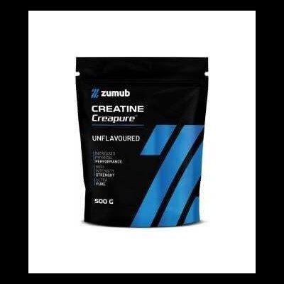 Pacote preto de creatina Creapure da Zumub, 500 G, com design azul e texto branco