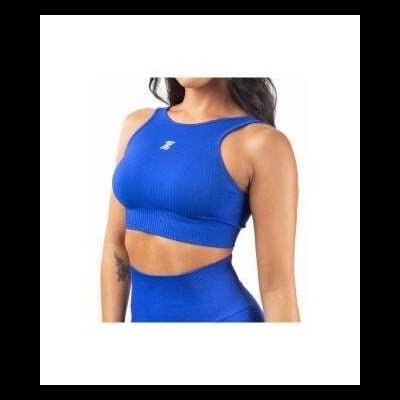 Top desportivo azul com logótipo branco no peito