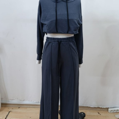 Conjunto desportivo azul escuro com hoodie cropped e calças largas em manequim.