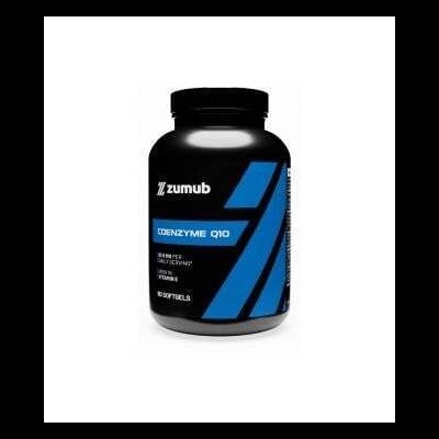 Frasco preto de suplemento Coenzyme Q10 com rótulo azul e preto.