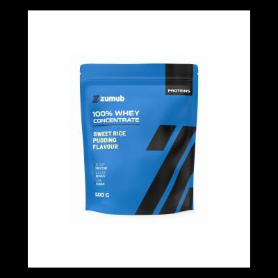 Pacote azul de suplemento proteico Zunub 100% Whey Concentrate sabor Sweet Rice Pudding
