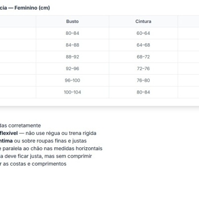 Tabela de tamanhos feminino com medidas em centímetros e instruções para medir