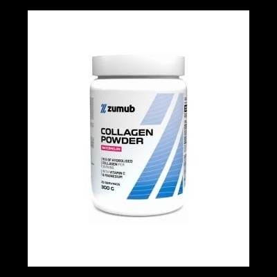 Frasco branco de suplemento de colagénio com rótulo azul e branco da marca Zumub