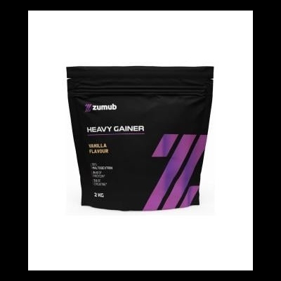 Embalagem preta de suplemento Heavy Gainer sabor baunilha com texto e detalhes roxos