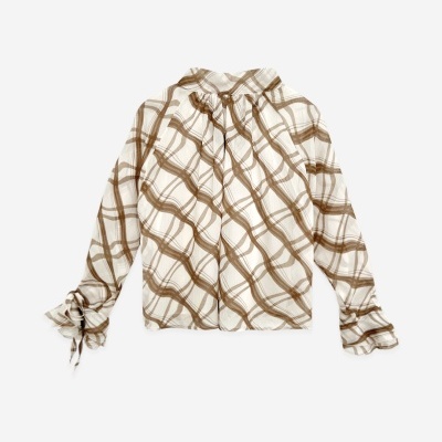 Blusa de tecido leve com padrão xadrez castanho e bege