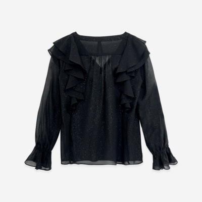 Blusa preta transparente com brilho e folhos