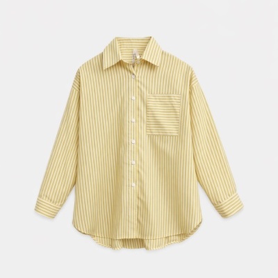 Camisa de algodão amarelo e branco às riscas verticais com bolso e botões