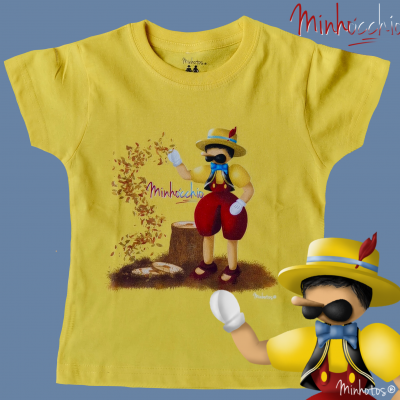 T-shirt amarela infantil com estampa de personagem estilo Pinóquio Minhoçchio