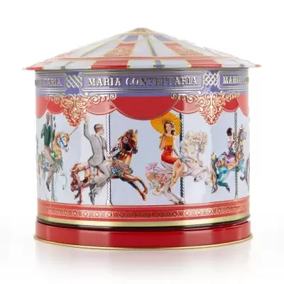 Caixa metálica em forma de carrossel com ilustrações e texto