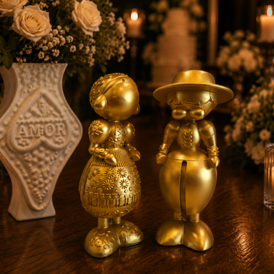 Duas figuras douradas de casal tradicional com vaso escrito AMOR e velas