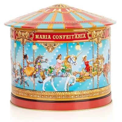 Lata redonda decorada com carrossel e texto MARIA CONFEITARIA