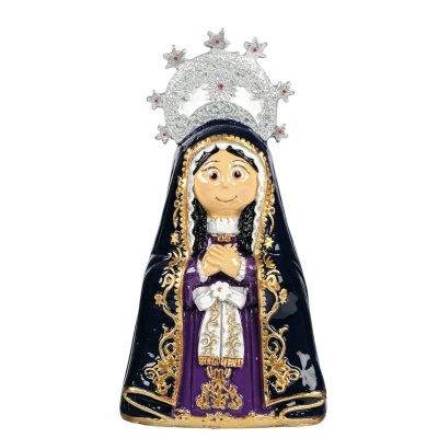 Figurinha religiosa colorida da Virgem Maria com manto azul e coroa prateada