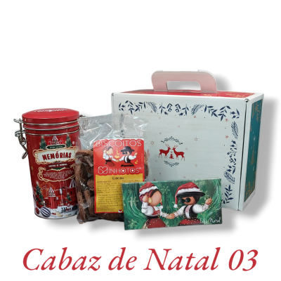 Cabaz de Natal com caixa branca, lata vermelha, biscoitos e embalagem verde com pinguins