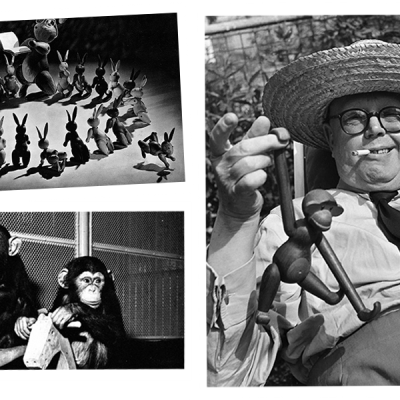 Três fotografias em preto e branco com esculturas de coelhos, chimpanzés e um homem segurando esculturas pequenas.