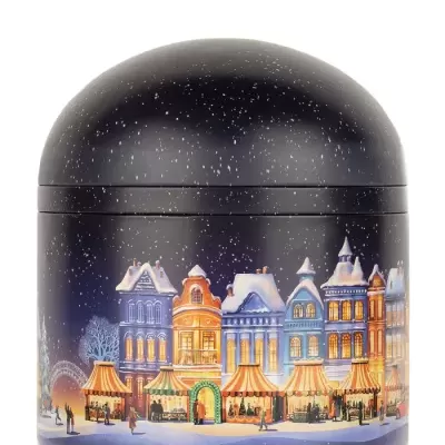 Recipiente metálico decorado com vila de inverno e neve