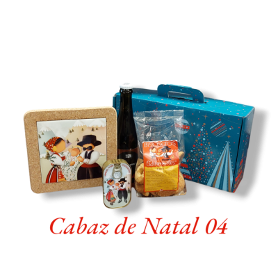 Conjunto de Cabaz de Natal com caixa azul, garrafa, biscoitos, lata e caixa ilustrada