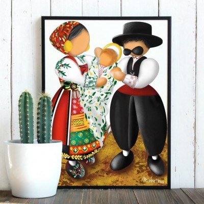 Quadro com ilustração colorida de família com trajes tradicionais portugueses