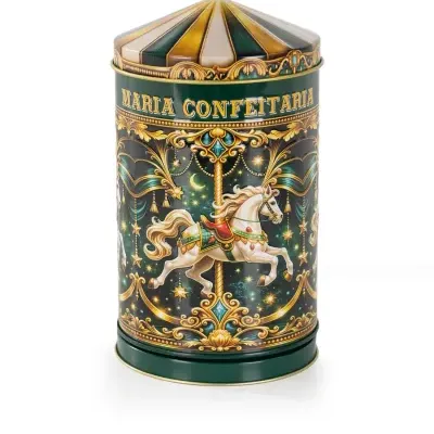 Lata metálica decorativa verde e dourada com cavalos de carrossel e o texto MARIA CONFETTARIA