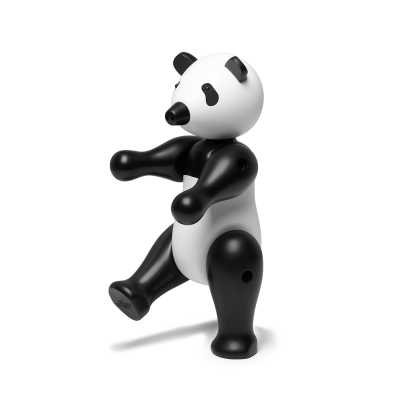 Figura de panda em plástico preto e branco, em pose de marcha.