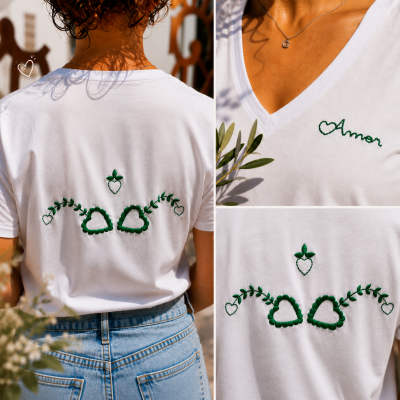 T-shirt branca com bordados verdes e texto Amor
