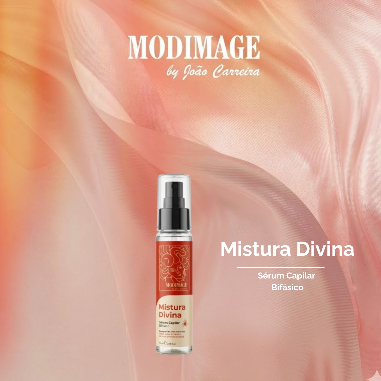 Sérum Capilar Bifásico Mistura Divina by João Carreira Frasco de sérum capilar Mistura Divina da MODIMAGE em fundo rosa cor de coral sedoso