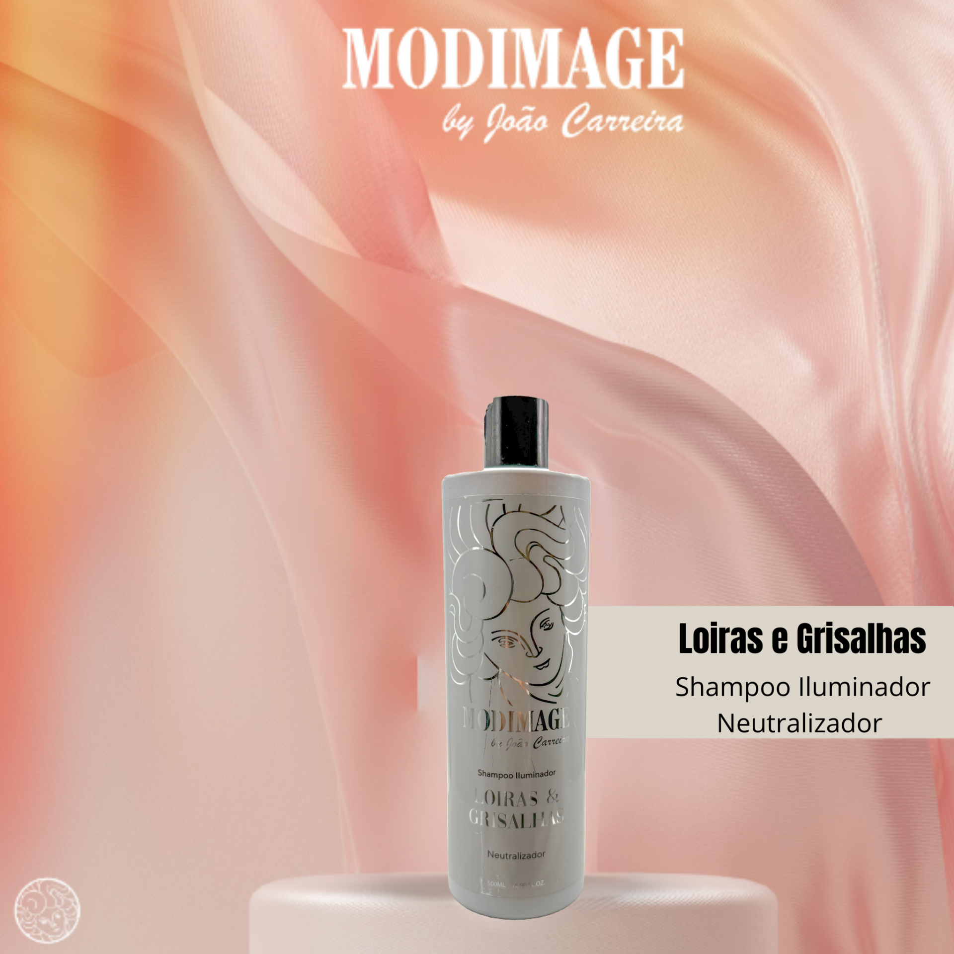Shampoo Loiras e Grisalhas Frasco branco de shampoo MODIMAGE sobre base branca com fundo rosa e laranja fluido