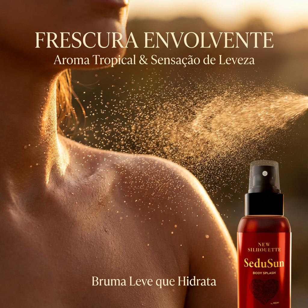 Body Splash SeduSun Frasco vermelho de spray corporal SeduSun com aplicação na pele ao ar livre