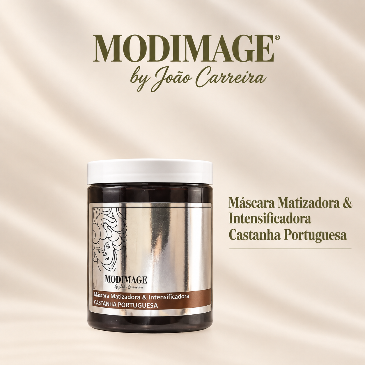 Máscara Matizadora & Intensificadora Castanha Portuguesa Pote de máscara capilar Castanha Portuguesa da MODIMAGE by João Carreira sobre fundo bege.