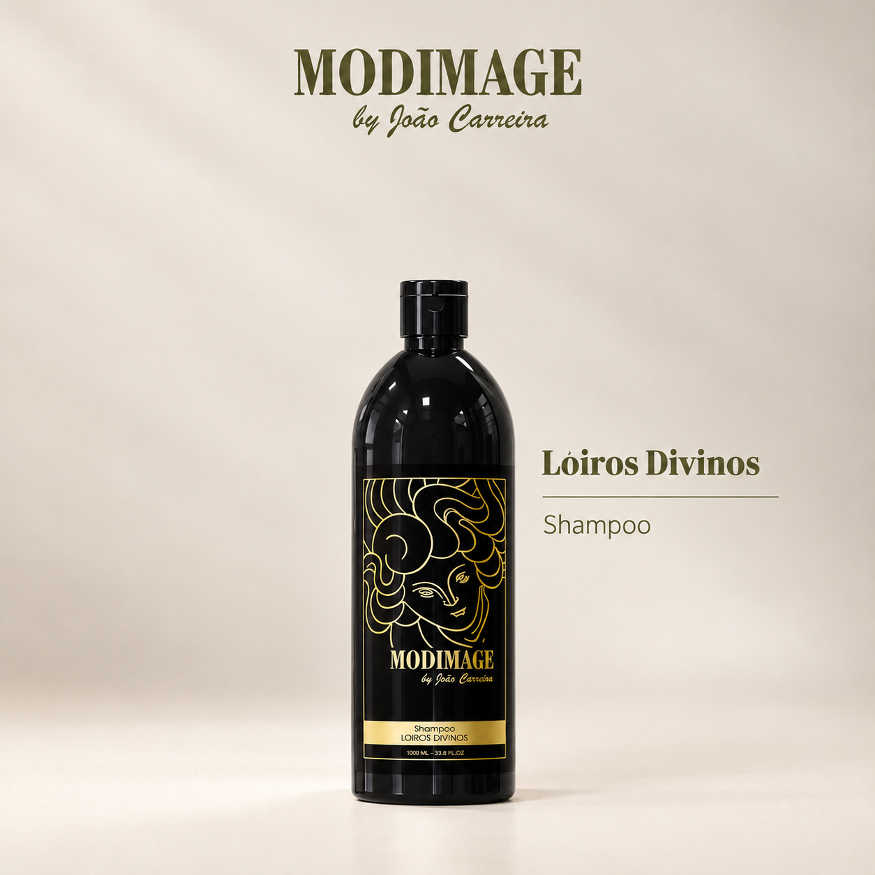 Shampoo Loiros Divinos Frasco preto de shampoo Modimage Loiros Divinos com rótulo dourado