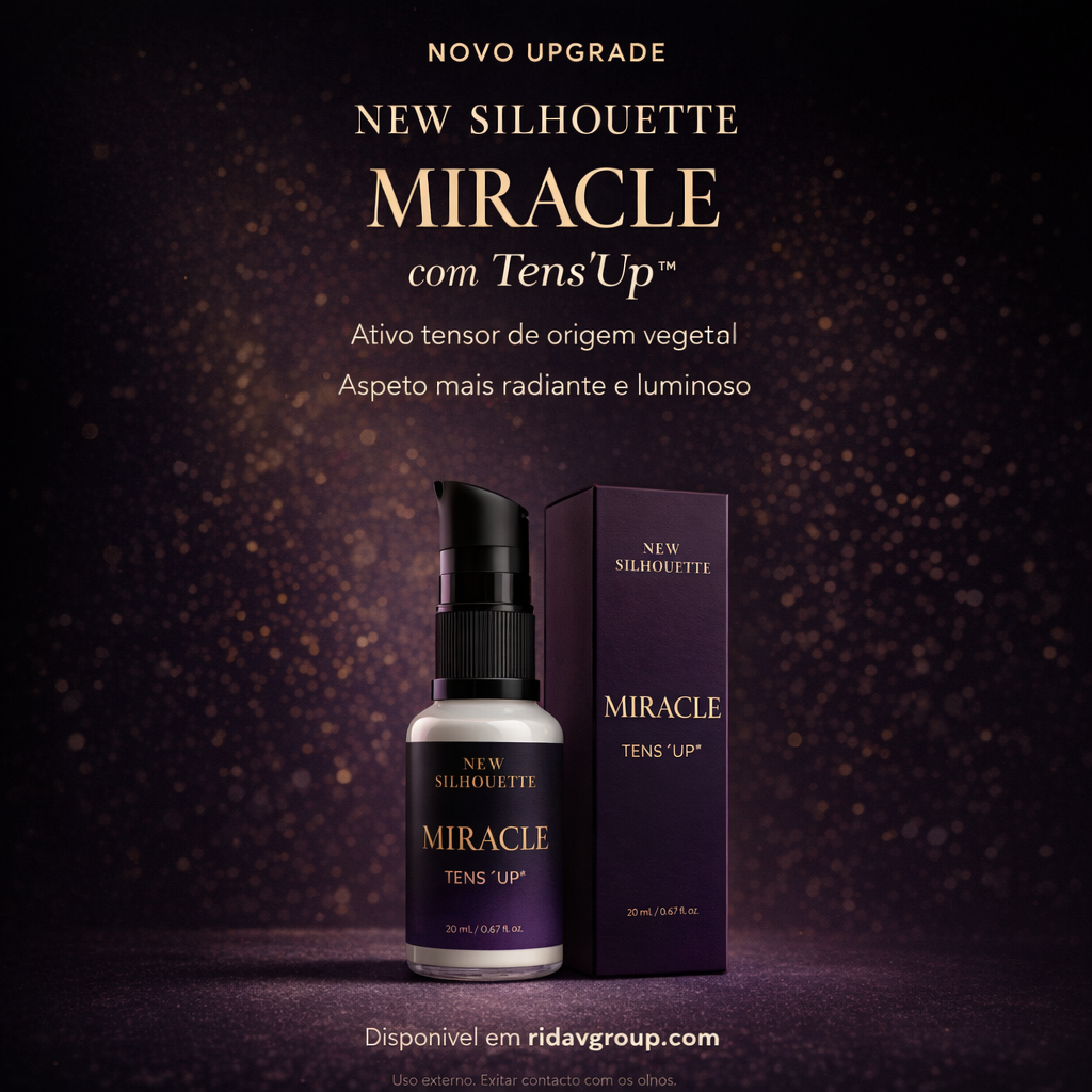 MIRACLE Tens’Up™ Frasco pump e caixa do produto New Silhouette Miracle Tens Up em fundo escuro com brilhos.