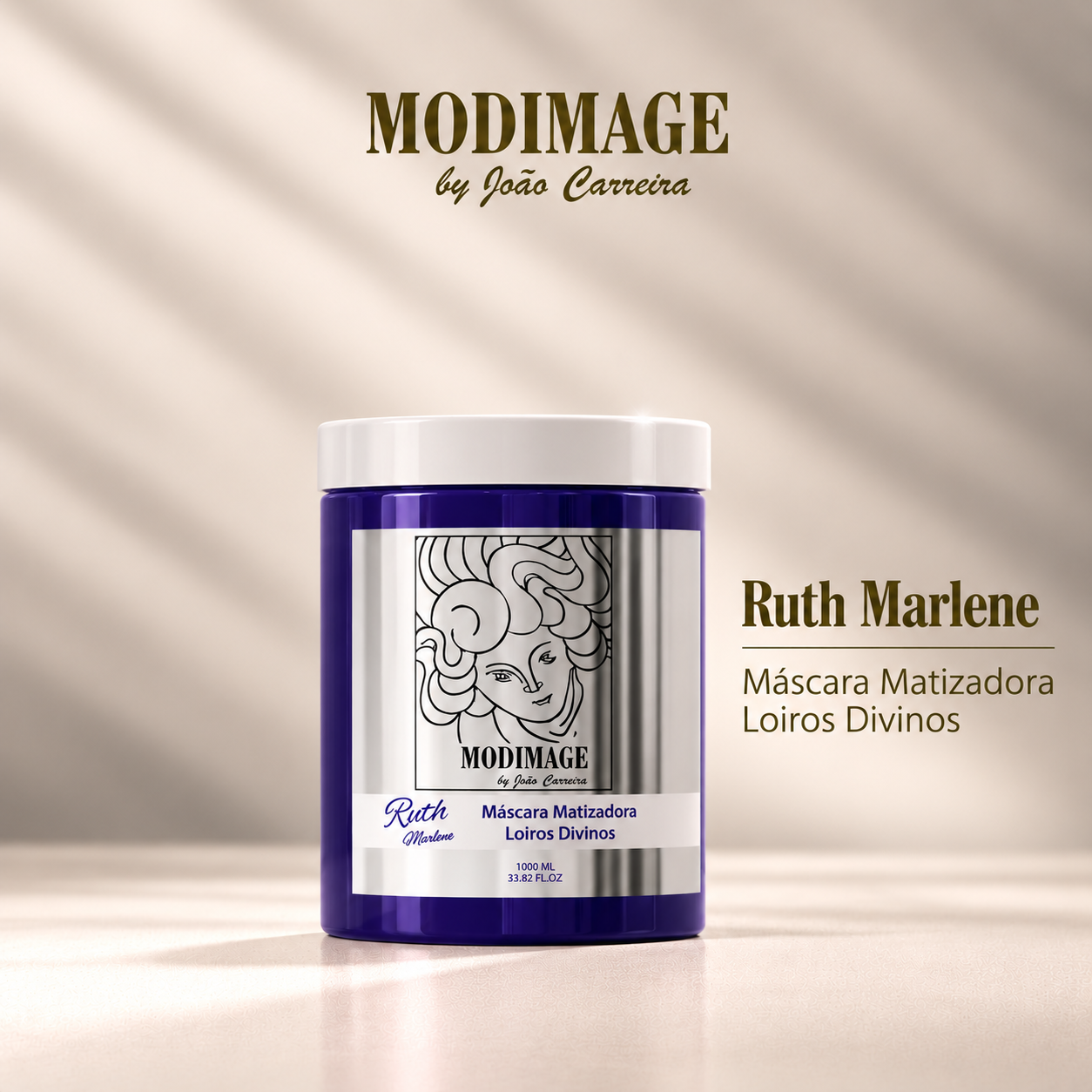 Ruth Marlene | Máscara Matizadora Loiros Divinos Frasco azul escuro com máscara matizadora para cabelos loiros da marca MODIMAGE