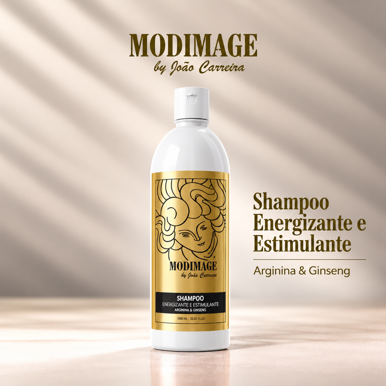 Shampoo Estimulante e Energizante Frasco branco de shampoo MODIMAGE com rótulo dourado e preto